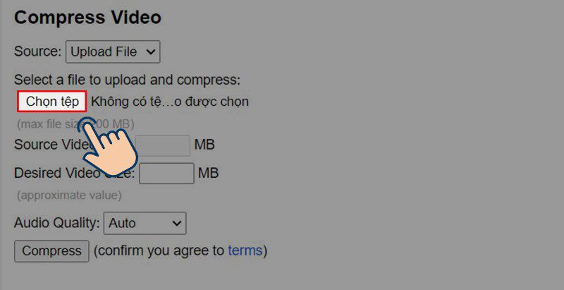 truy cập trang web Converter, và chọn Chọn tệp để tải video cần nén lên.