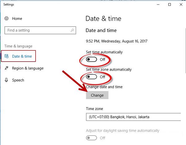 Chuyển mục Set time automatically và Set time zone automatically sang chế độ Off