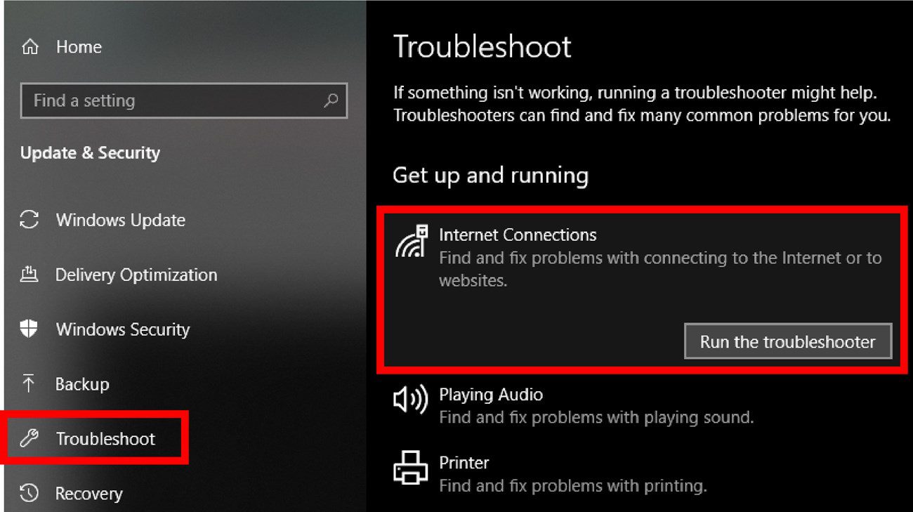chọn Troubleshoot > Internet Connections > Run the troubleshooter