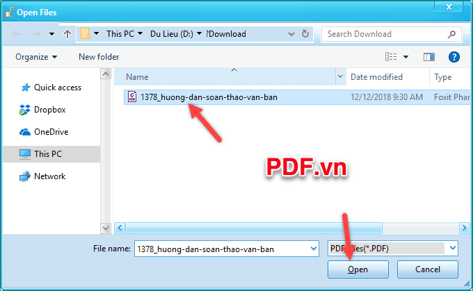 Chọn file PDF muốn mở khoá và nhấn Open