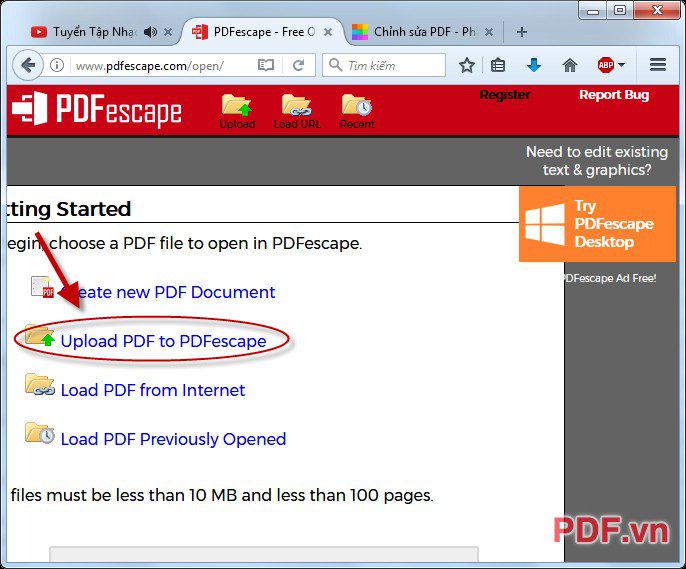 Kích chọn Upload PDF to PDFescape chọn file cần sửa